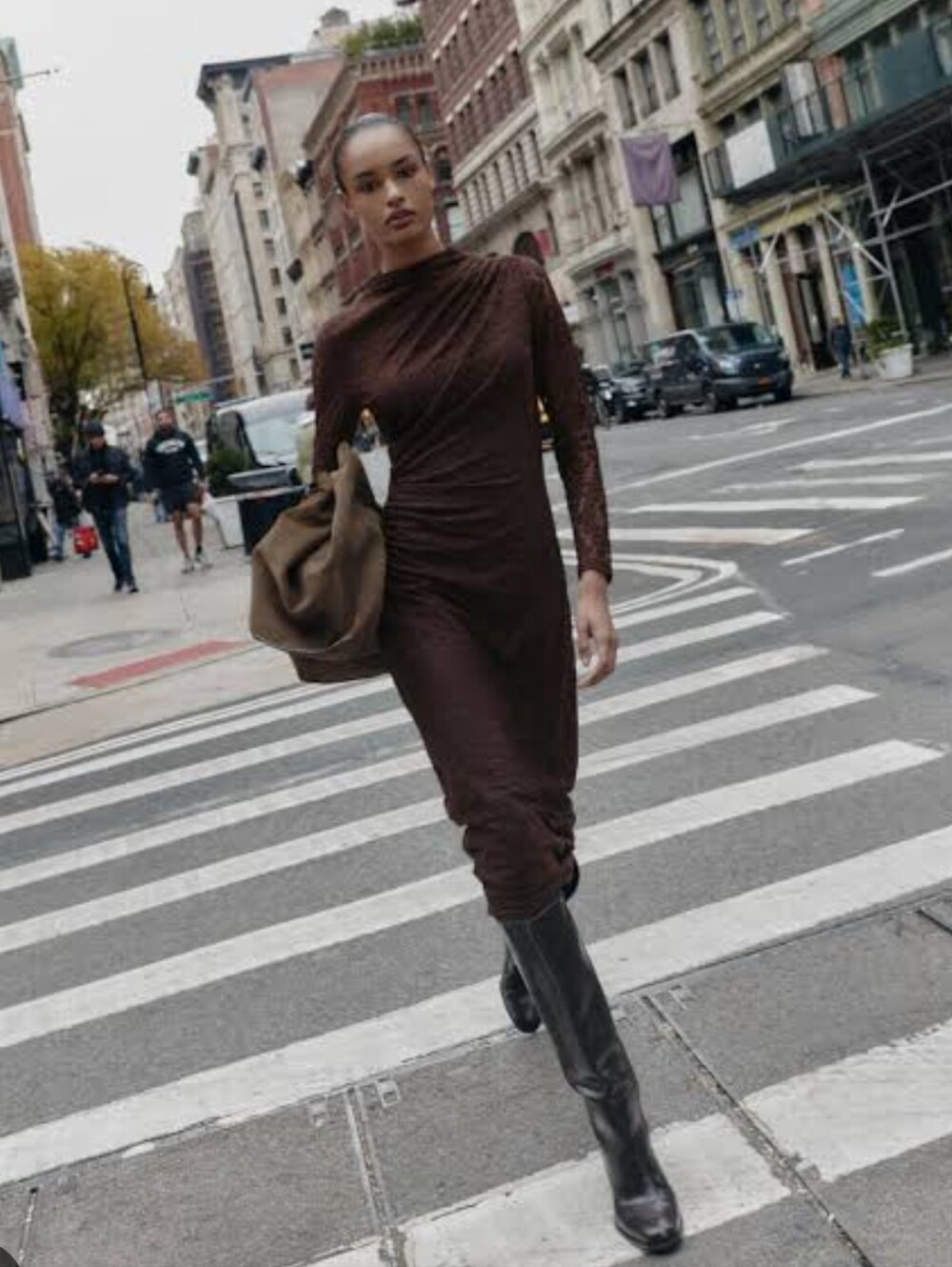 ZARA POINTELLE DRAPED MIDI DRESS BROWN SMALL